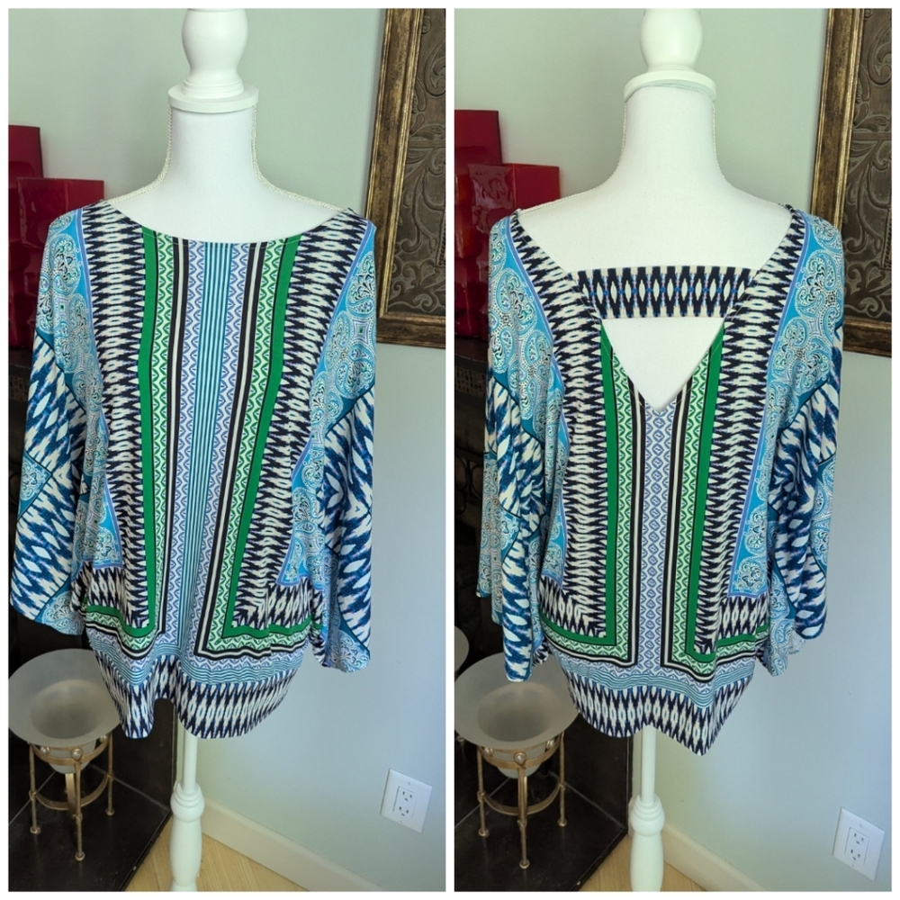 Chicos 2 Women's Large Dolman Sleeve Kimono Style Mixed Print Cutout Back Top 92